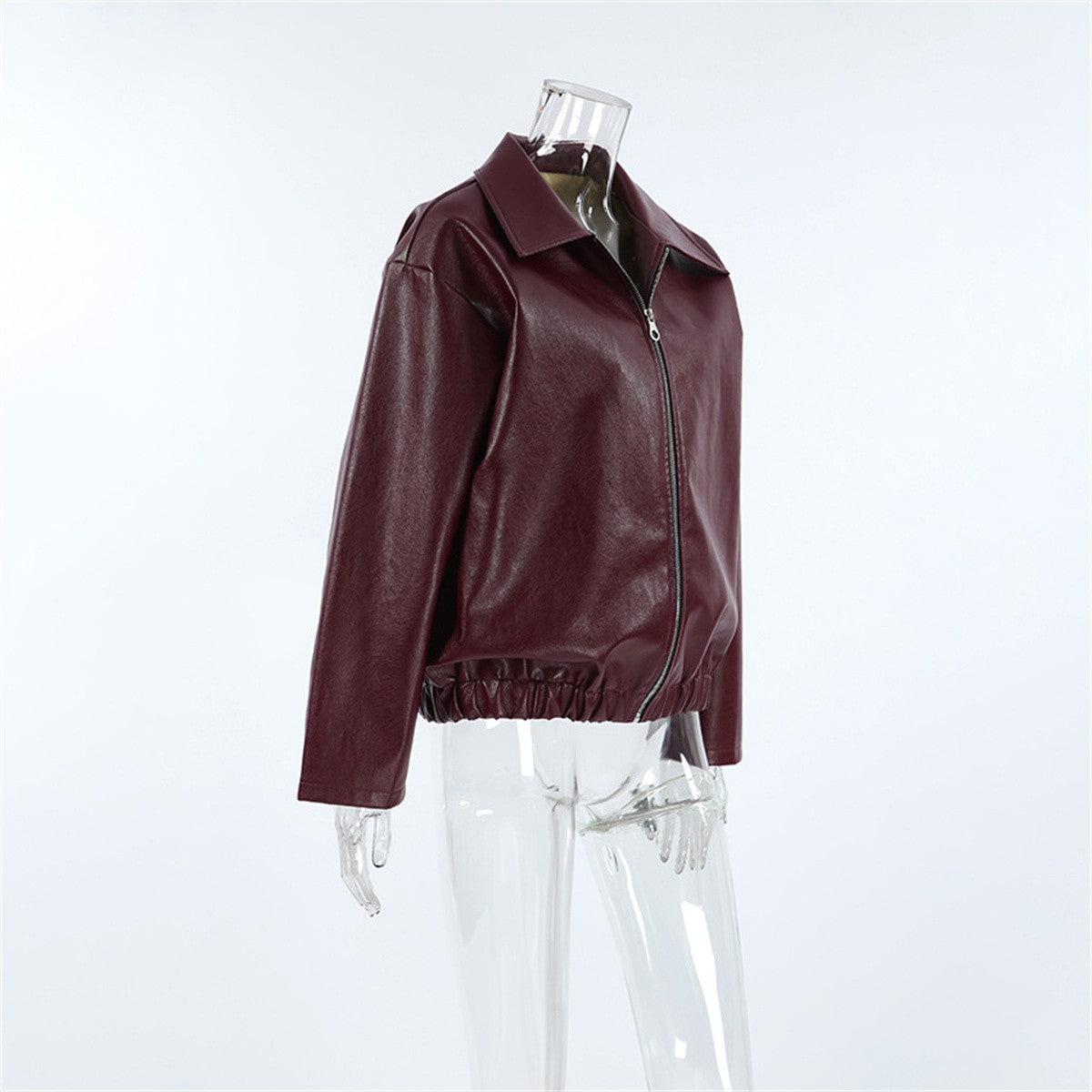 Jaqueta Feminina de Couro Sintético Vermelho Vinho Vintage, Casaco Moderno com Zíper e Lapela, Casacos de Outono Inverno, Blusas Curtas Femininas Estilo Streetwear