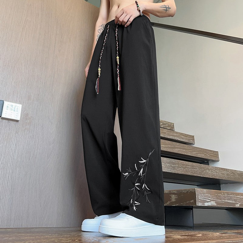 Novas Calças de Seda Gelo Chinesas Masculinas Verão Fina Solta Perna Larga Marca de Moda Seda Gelo Estilo Chinês Calças Casuais Bordadas Frescas