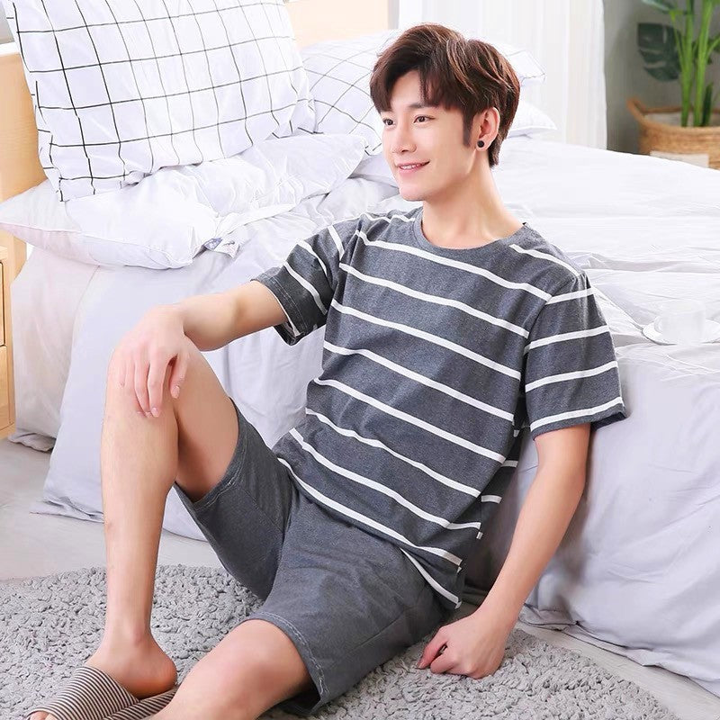 Summer Men's Pajamas Homewear Set Men's Short-Sleeved Shorts Teenage Students Cartoon Striped Casual Pajamas Homewear Set