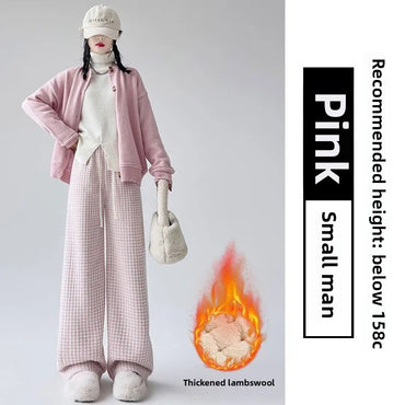 High Waist Wide Leg Pants Women's Autumn Winter New Style Lazy Casual Fleece Woolen Plaid Trousers Fashionable Comfortable