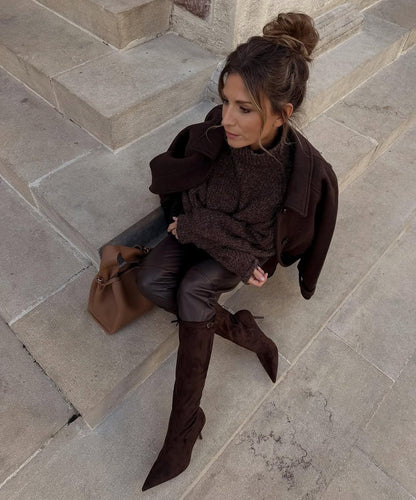 Brown Women Retro Woolen Warm Overcoat Solid Lapel Waist Cinching Single Breasted Loose Coat 2025 Lady Winter Street Warm Wear