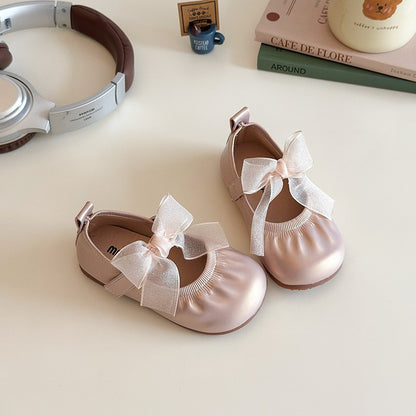 Baby Girl Princess Shoes Shine Surface Korean Style Lace Bow Casual Flats Non-Slip Toddler Kid Wedding Party Adorable Baby Shoes