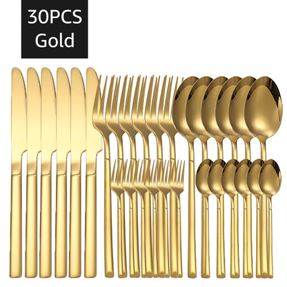 Conjuntos de talheres de ouro 30 peças, talheres de aço inoxidável, garfo de sobremesa, colher de café, talheres laváveis em lava-louças para jantar, cozinha e mesa.