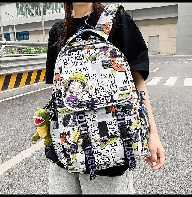 Anime Male and Female High-capacity One Piece Luffy Graffiti Printed Backpack for Middle High Students School Bag