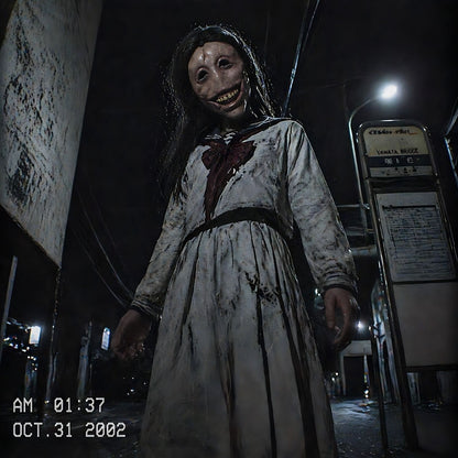 Scary Female Ghost Mask Long Hair Latex Mask Full Face Creepy Smile Halloween Cosplay Horror Party Haunted House Prop