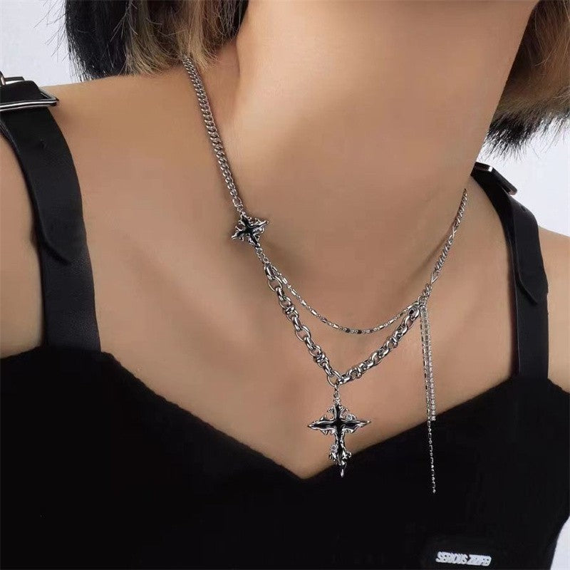 Colar Cruz Chamas Pretas Punk Masculino Feminino Tendência Aço Titânio Corrente Suéter Pingente Joias Hip Hop Acessórios Kpop Irados