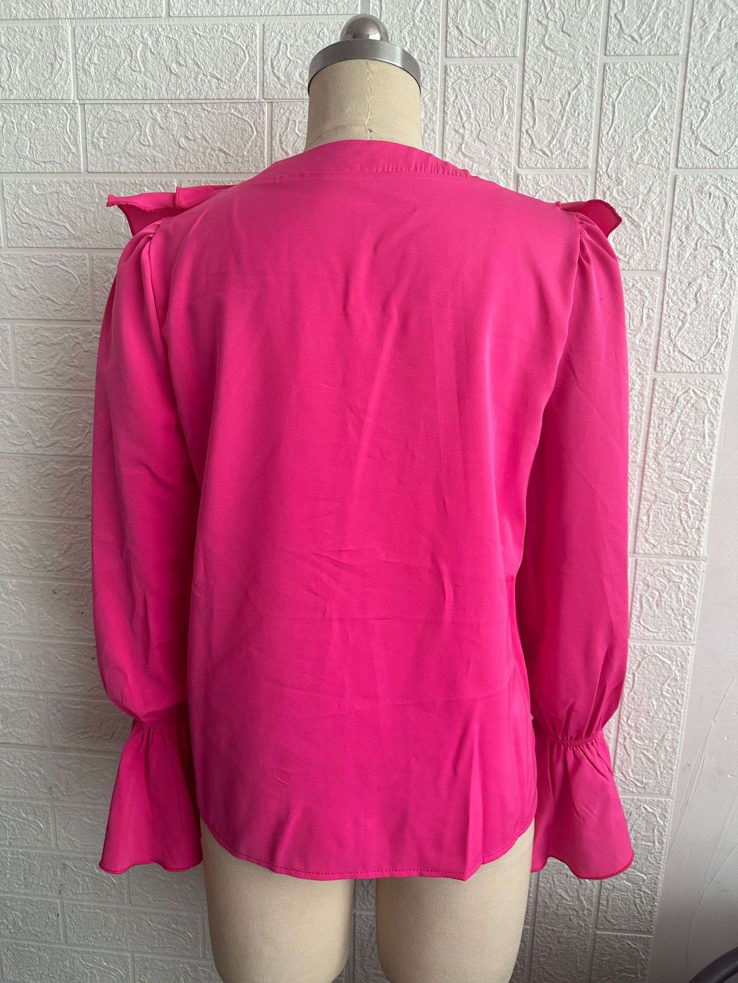Spring Autumn Fashionable Shirts Solid Color Casual Loose Commuting Style Tops Long Sleeves Ruffled V-neck Bell Sleeves Clothes