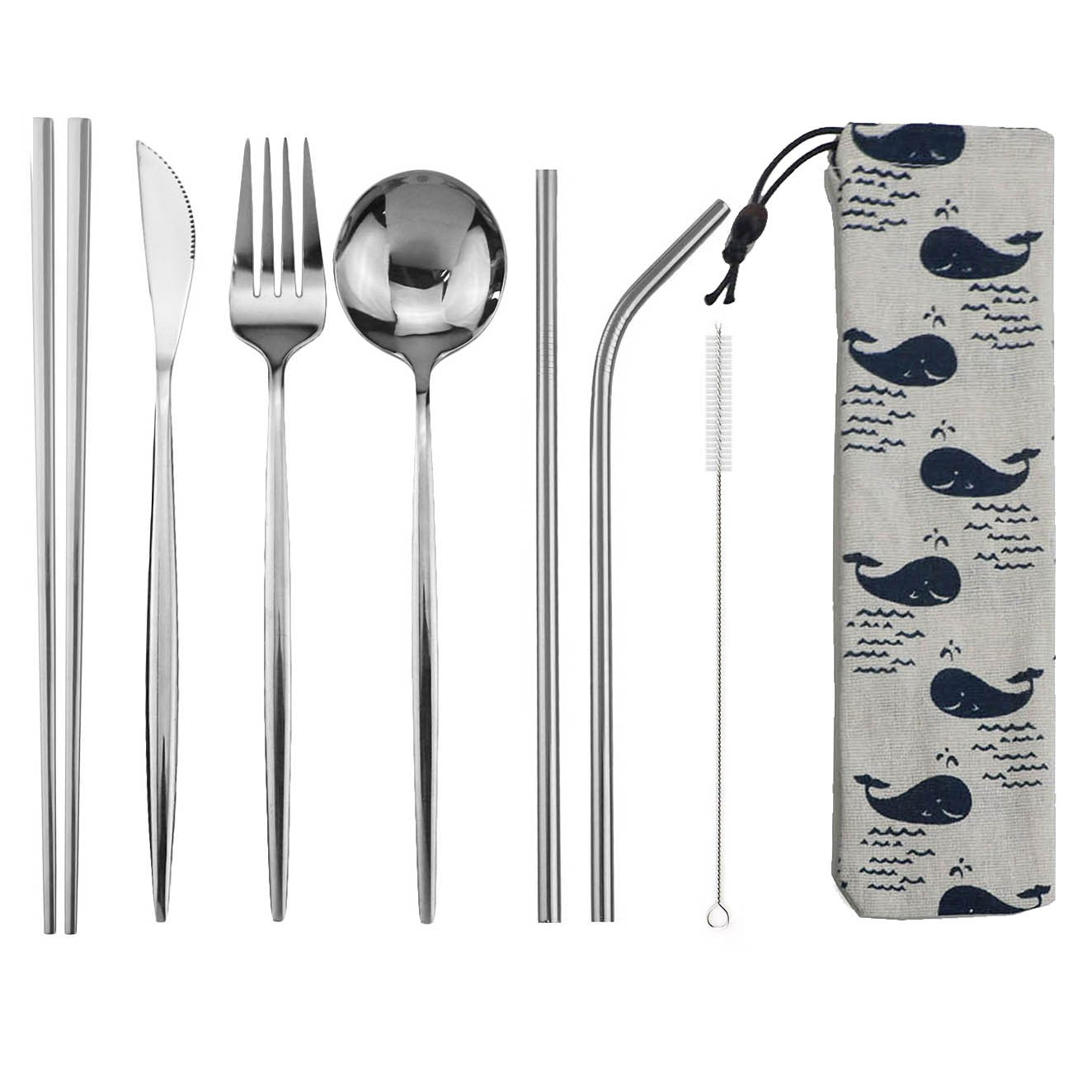 Conjunto de Talheres de 8 Peças Portátil para Viagem, Azul, Faca, Garfo, Colher, Hashis e Canudo de Aço Inoxidável com Bolsa