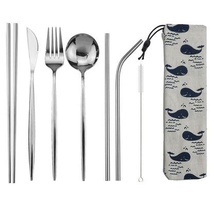 Conjunto de Talheres de 8 Peças Portátil para Viagem, Azul, Faca, Garfo, Colher, Hashis e Canudo de Aço Inoxidável com Bolsa