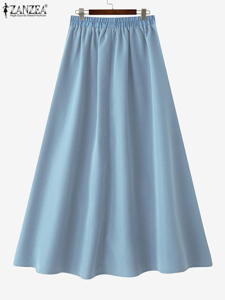 ZANZEA Plus Size Women Skirts Denin-Like Striped Patchwork Lace Trim Detail Lace-Up Elastic Waist A-Line Midi Skirt Casual Chic