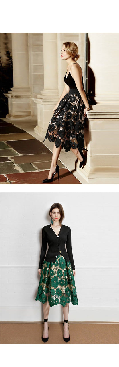 Summer Boho Lace Skirts Women Vintage Mesh Hollow Out Plus Size Skirt Elastic Waist Elegant  A-Line Midi Saias Black Red Green