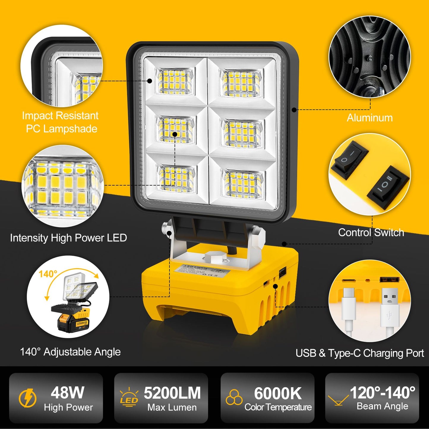 Portable 48W 5200LM LED Work Light Cordless Work Light Adjustable Base Rechargeable LED Flood Light for DeWalt No Battery
