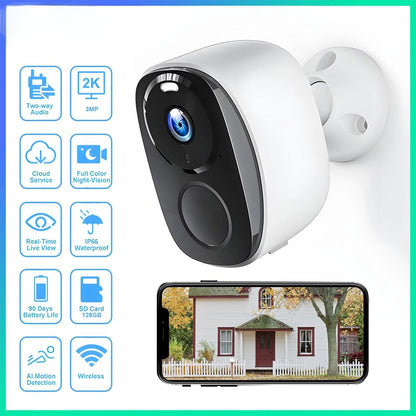 Câmera de vigilância WIFI 3MP Proteção de segurança Câmera IP externa Gravador de vídeo com visão noturna Smart Home Alimentado por bateria