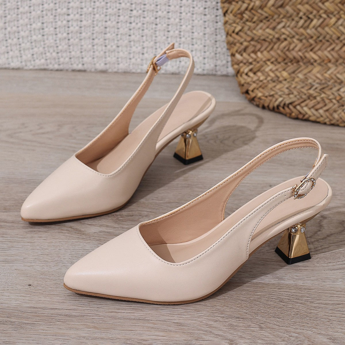 Pu Leather High Heels Pumps Women 2025 Summer Ankle Buckle Thick Heeled Sandals Woman Crystal Decor Pointed Toe Party Shoes