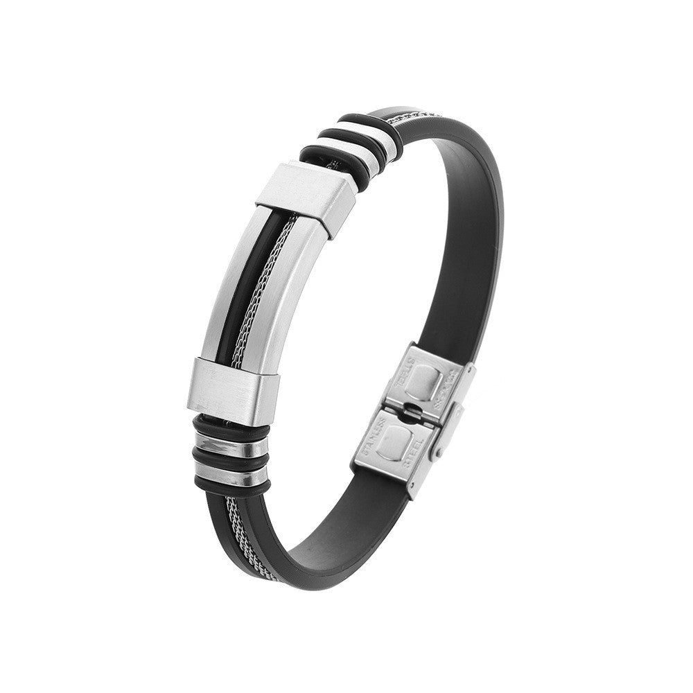 Pulseira Masculina de Couro, Silicone e Aço Inoxidável Esportiva Corrente de Mão Acessórios de Joias Presente Masculino