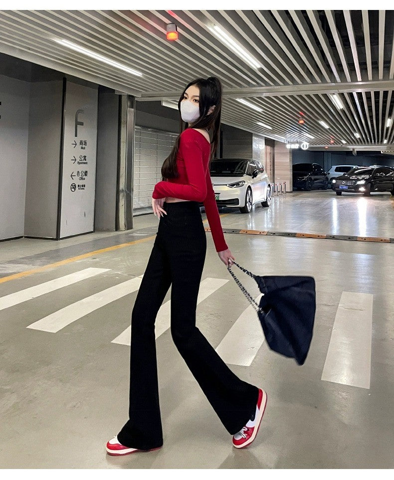 High Waist Fce Lined Thiened Autumn Winter American Bla ey Micro Flared Jeans Women Slimming Legging  Hoof Pants