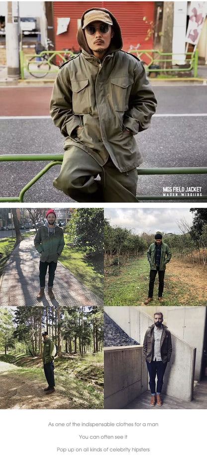 Maden Military M65 Field Jackets For Men's Green Vintage Army Jacket Casual Windbreaker Solid Lapel Collar with Pockets Overcoat