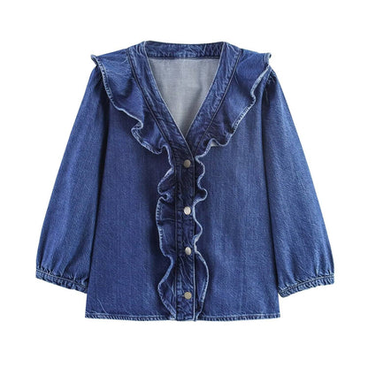 European style new women's fashion all-match temperament lotus leaf lace V-neck long-sleeved denim shirt