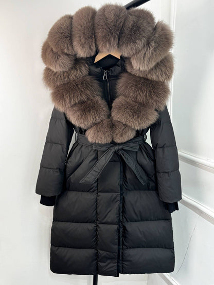 Janveny New Winter Long Hooded Puffer Jacket Women Warm Thickened Real Fox Fur Collar White Goose Down Jacket Waterproof Parkas