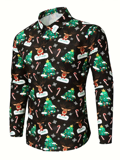 Christmas Theme Men's Gift Elk Graphic Printed Formal Shirts Christmas Graphics Long Sleeve Shirt Fashion Men's Shirts For Men