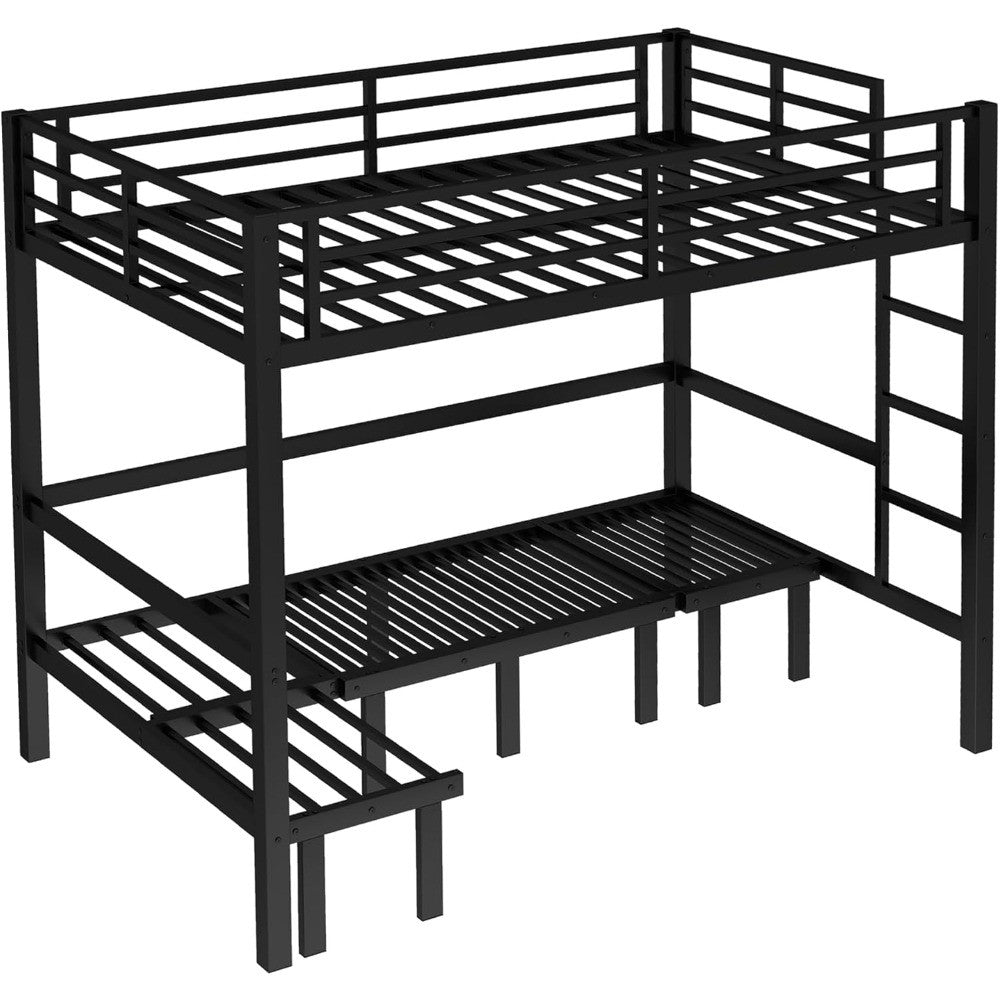 Over Full Bunk Bed with Guardrails, Convertible Metal Loft Bed with Sofa & Lower Bed, Full Size Bunk Beds Pull-Out