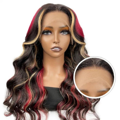 Peruca frontal de renda 13X6 preta com destaque loiro vermelho peruca sintética 13x4 pré-selecionada com linha do cabelo peruca frontal de renda feminina