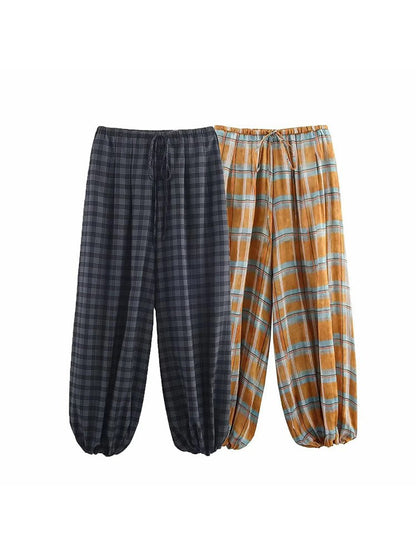 Women's 2025 Autumn Fashion Versatile Ramie Bloomers Plaid Printed Loose Pants Female High-Waist Drawstring Casual Trousers