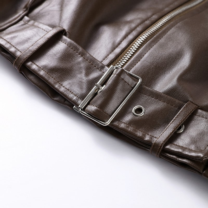 Vintage PU Leather Bomber Jackets 2025 Autumn New Ladies Zipper Lapel Long Sleeve Pocket Coat With Belt Women's Loose Streetwear