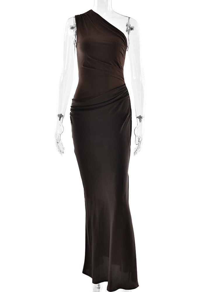 JULISSA MO Patchwork Satin Sexy One Shoulder Women Maxi Dress Brown Sleeveless E