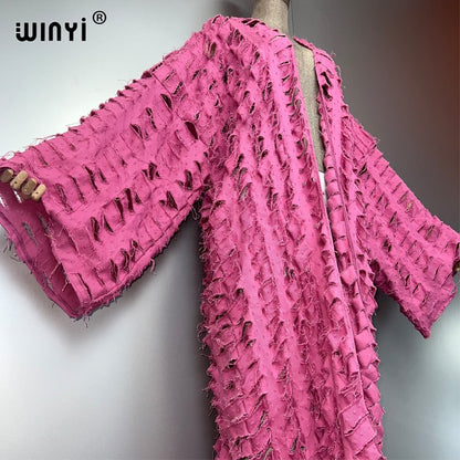WINYI new maxi kimono coat for women OverCoat hole denim cardigan long down coat cover up beach outfits woman abaya dubai luxury