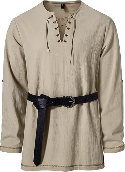 Men's Medieval Lace Up Tunic Shirt Renaissance Viking Pirate Costume Long Sleeve Retro Tops with Belt for Halloween Cosplay