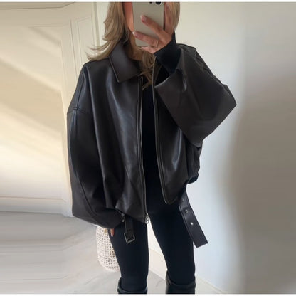 Vintage PU Leather Bomber Jackets 2025 Autumn New Ladies Zipper Lapel Long Sleeve Pocket Coat With Belt Women's Loose Streetwear