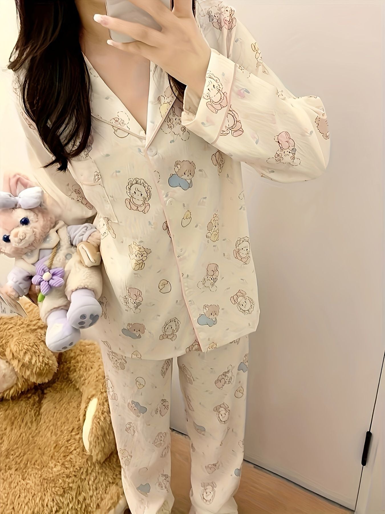 2-Piece New Women's High-Aesthetic Pajama Set for Autumn & Winter - INS-Style, Cartoon Bear Print, Fresh & Sweet, Top Choice for