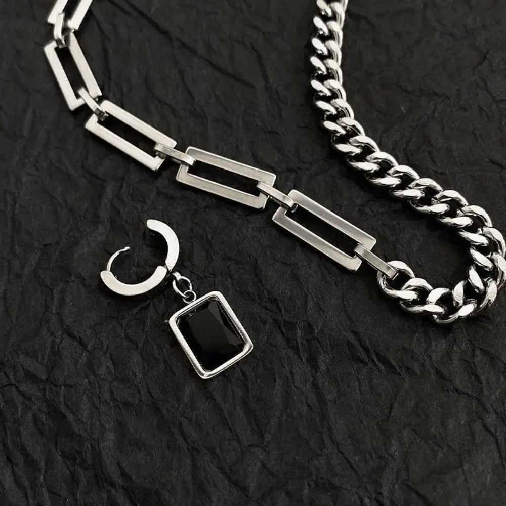 Colar Masculino da Moda, Pingente Quadrado Preto, Aço Inoxidável, Corrente Cubana Assimétrica para Homens Joias