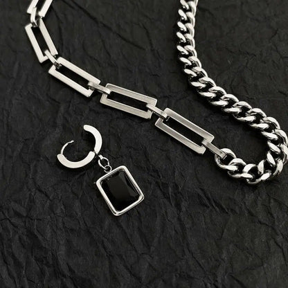Colar Masculino da Moda, Pingente Quadrado Preto, Aço Inoxidável, Corrente Cubana Assimétrica para Homens Joias