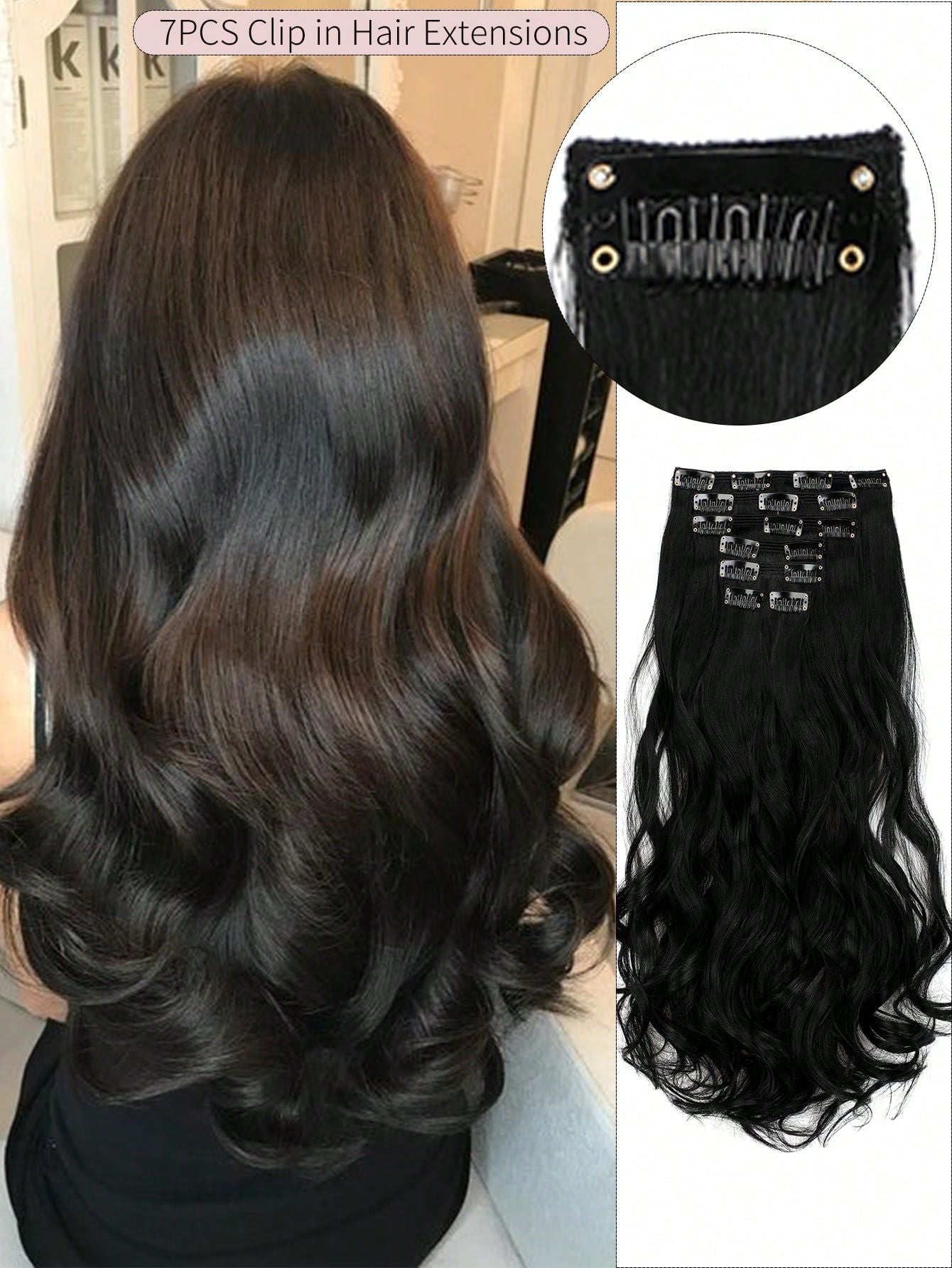 7 peças, onda grande, preto, 22 polegadas, médio, aplique de cabelo sintético com clipe