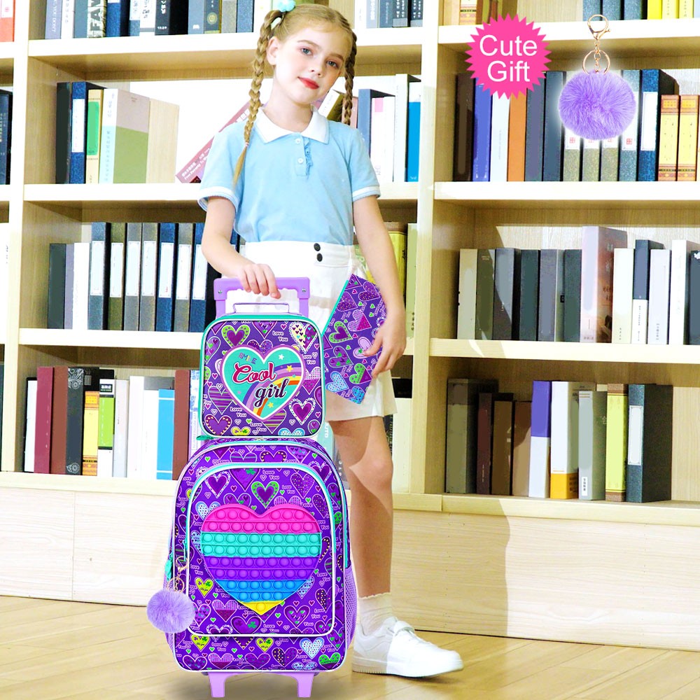 Mochila de Rodinha 3 Peças para Meninas, Mochila com Rodas para Crianças, Mochila Escolar com Rodinhas e Lancheira - Coração Roxo