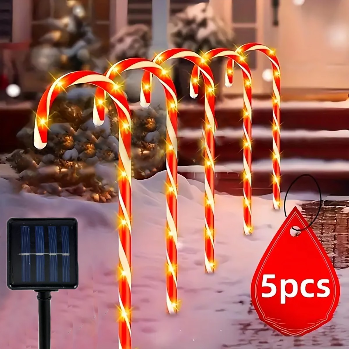 1 set of 5-in-1 outdoor solar powered Christmas cane lights, suitable for decorating Christmas, gardens, and Christmas trees