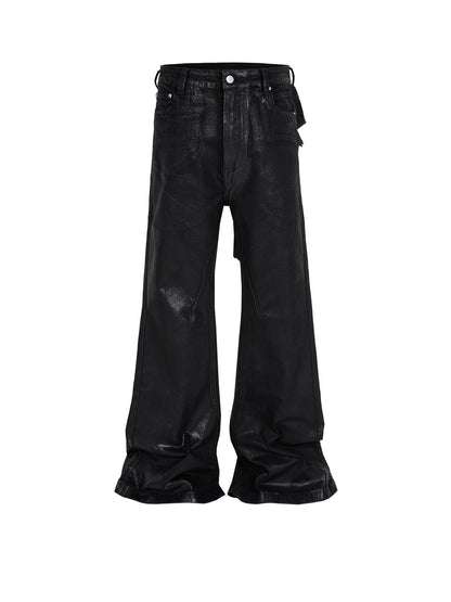 MIJKO Black Wax Leather Strecth Jeans for Men Women Baggy Flare Pants Oversized Straight Denim Trousers ZJ004