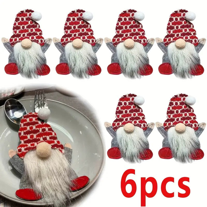 Um conjunto de 6 talheres (garfo e faca) temático de anões com um saco de armazenamento de tecido - talheres xadrez vermelho e branco, adequado para o Natal