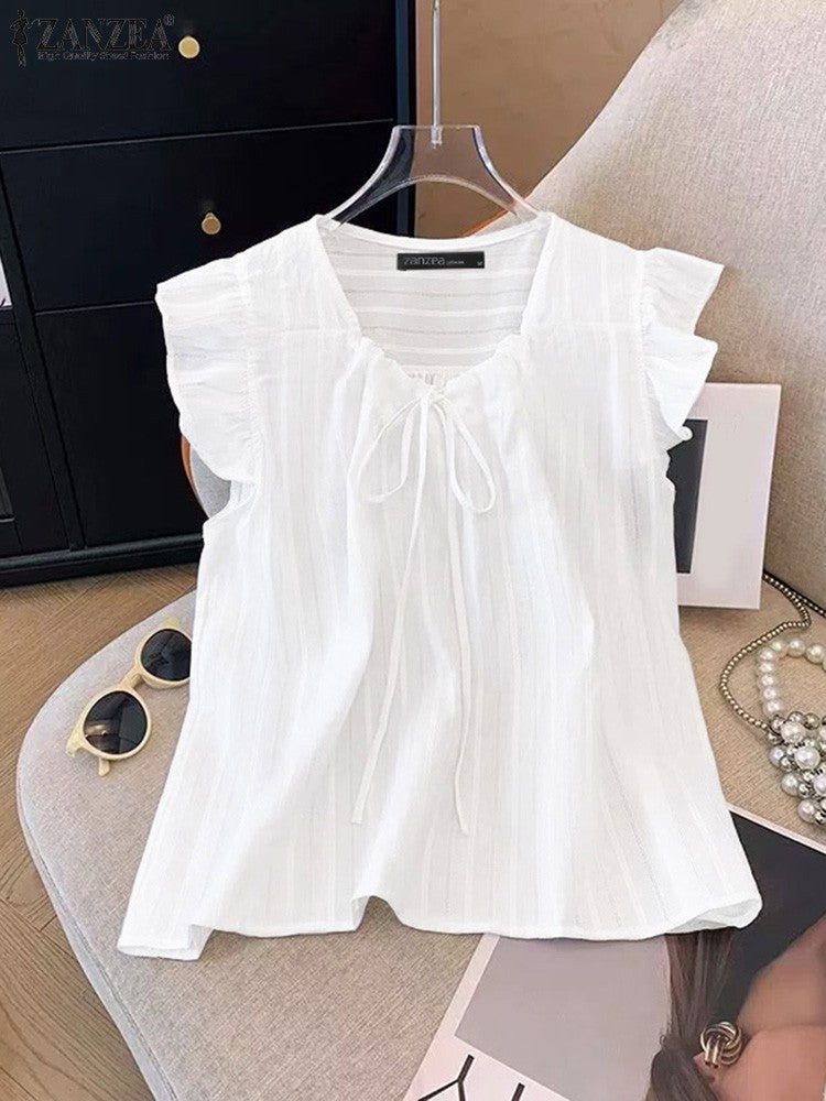 2025 ZANZEA Summer Elegant Shirt Women Sleeveless Holiday Blouse Stylish Tanks Tops Casual Solid Cotton Camis Mujer Blusas Femme