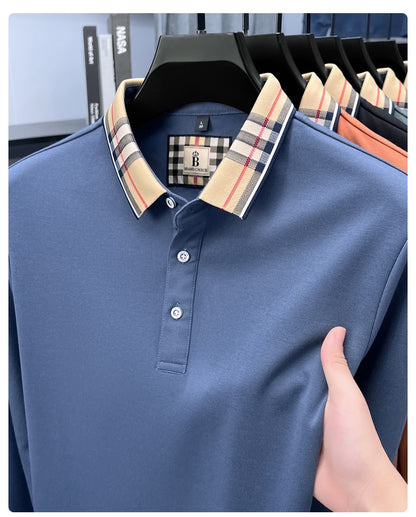 Luxury brand long sleeve polo shirt men comfortable casual autumn item silk cotton high-end Korean fashion plaid lapel T-shirt