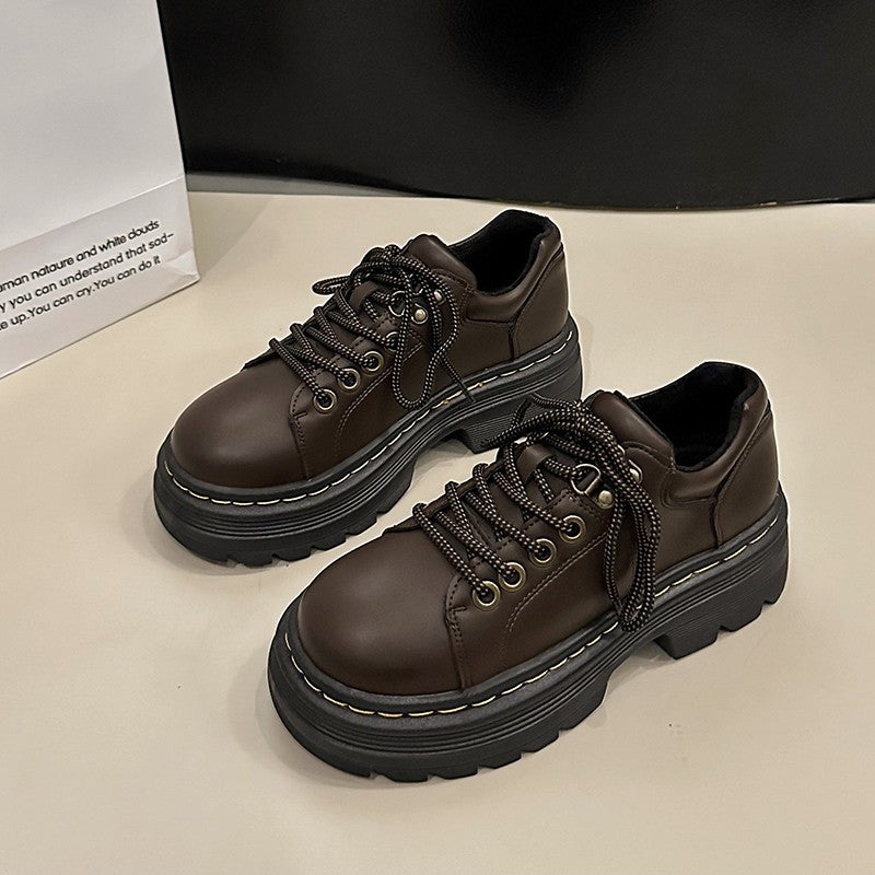 Womens Derby Shoes Autumn British Style Female Footwear Loafers With Fur Round Toe Clogs Platform Casual Sneaker Leather Fall Pr