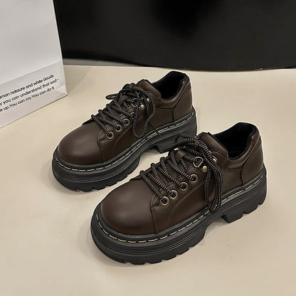 Womens Derby Shoes Autumn British Style Female Footwear Loafers With Fur Round Toe Clogs Platform Casual Sneaker Leather Fall Pr