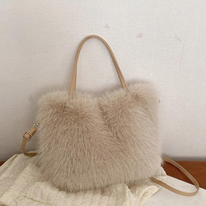 Faux Fur Tote Bag Women's Bucket Plush Light Luxury Ladies Handbags Soft Winter Crossbody Shoulder Bags