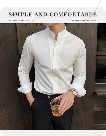 2025 Spring New Chinese Style High End Stand Up Collar Shirt Men's Long Sleeve Elastic Slimming Top Social Dress Shirt