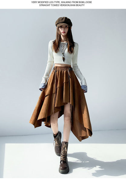 Caramel Suede Half-length Skirt Women's Autumn Winter New Irregular Belt Slim A- Line Midi Umbrella Skirt Comfortable Casual S .