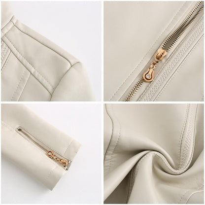 Women's Bright Red Lapel PU Jacket, Zippered Embellished Leather Jackets, Women Fashion Casual Coat of Female Outerwear