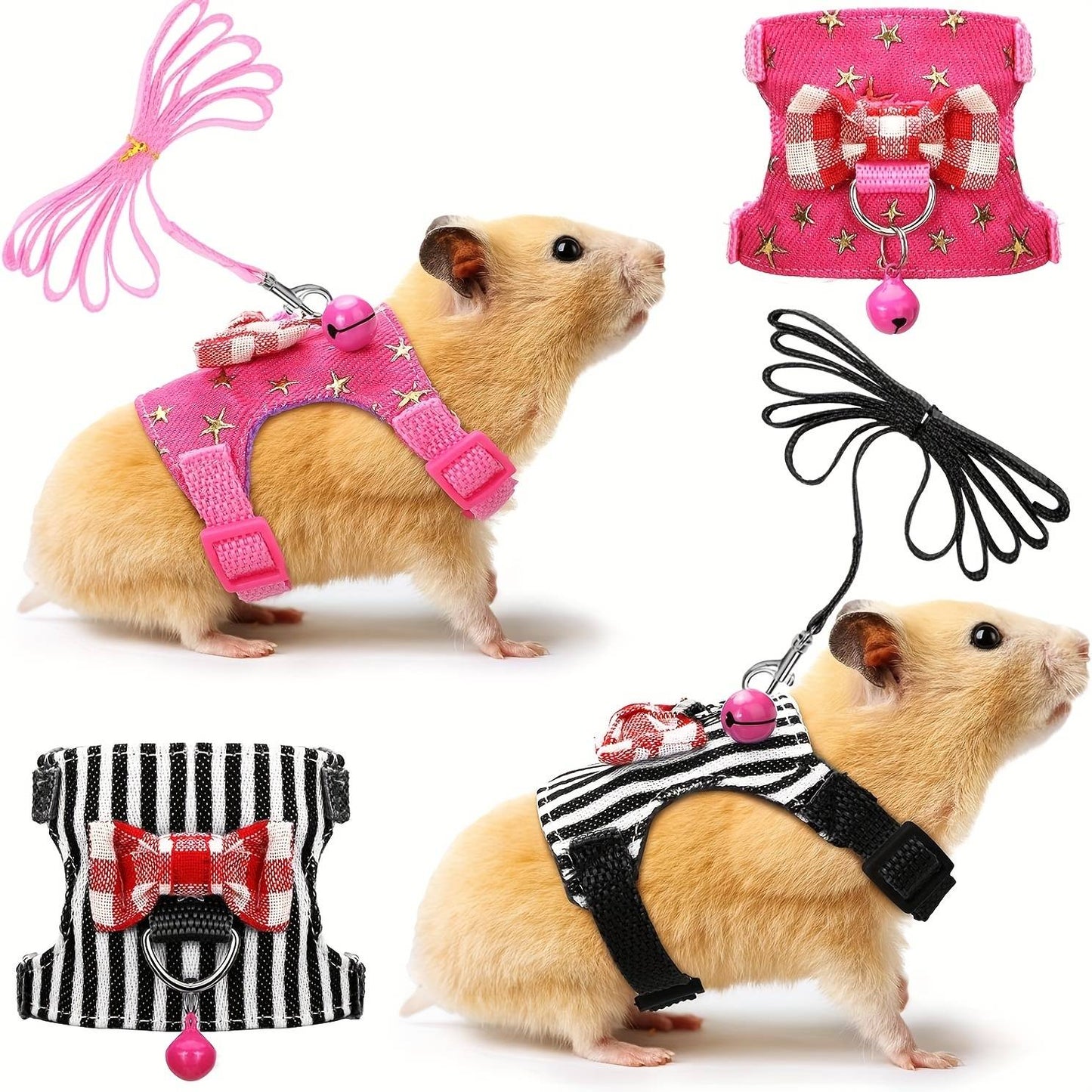2 pçs/conjunto Arnês e Coleira para Hamster, Conjunto de Caminhada, Roupa para Pequenos Pets com Laço e Sinos, Colete Acolchoado Seguro e Confortável, Roupa para Hamster