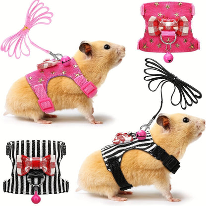 2 pçs/conjunto Arnês e Coleira para Hamster, Conjunto de Caminhada, Roupa para Pequenos Pets com Laço e Sinos, Colete Acolchoado Seguro e Confortável, Roupa para Hamster